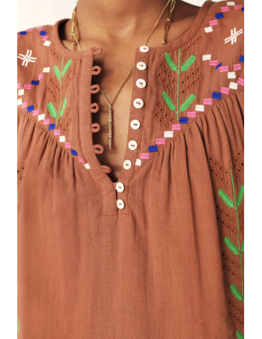 Blusa Manga Fluida Bordados Marrón Blusa Manga Fluida Bordados Marrón