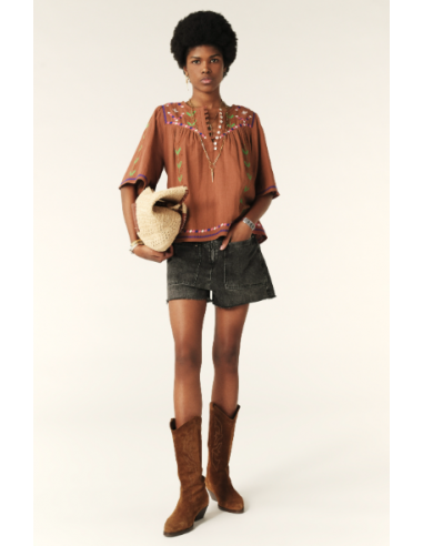 Blusa Manga Fluida Bordados Marrón Blusa Manga Fluida Bordados Marrón