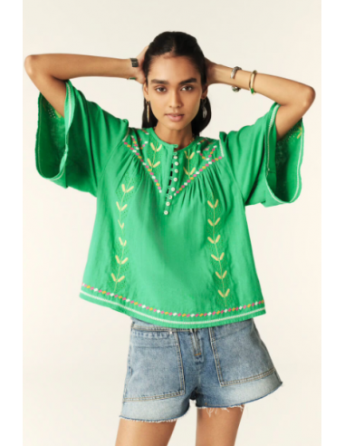 Blusa Manga Fluida Bordados Verde Blusa Manga Fluida Bordados Verde